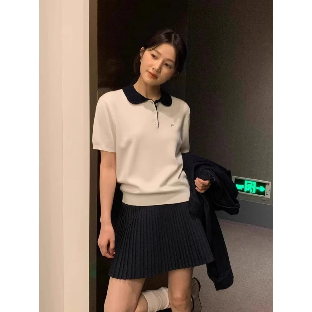 高级感白色娃娃领刺绣冰丝针织短袖t恤女夏季chic韩系穿搭上衣女