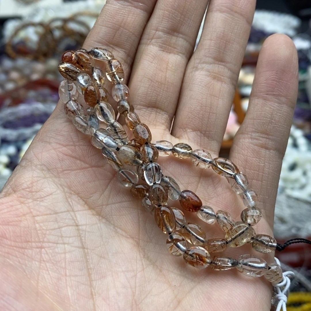 未镶嵌玛瑙/玉髓珠宝半成品一条天然透体黑金超七水晶随行5mm