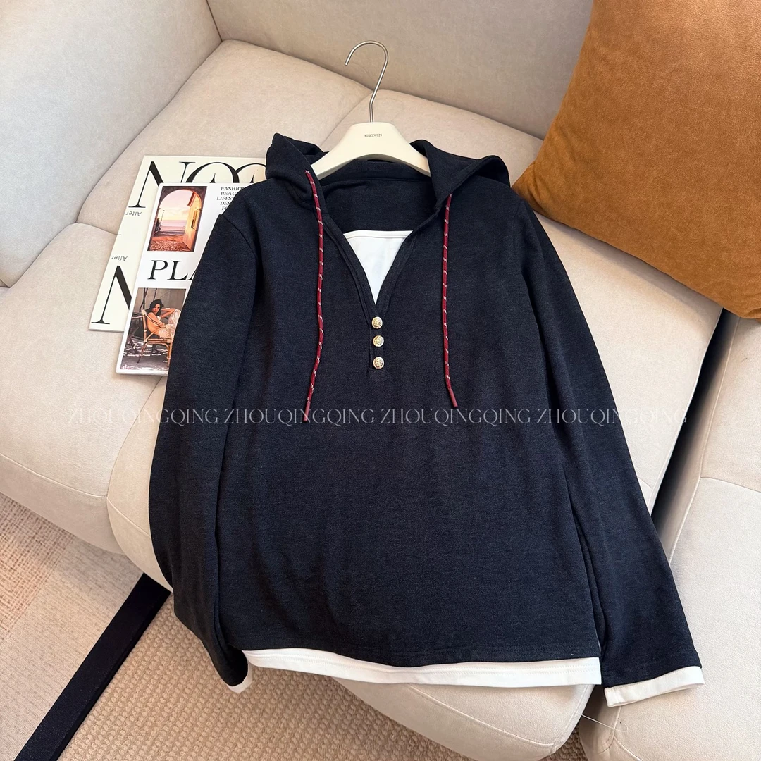 周青青微胖定制 【千禧羊毛假两件】2026新年老钱风拼色卫衣打底衫