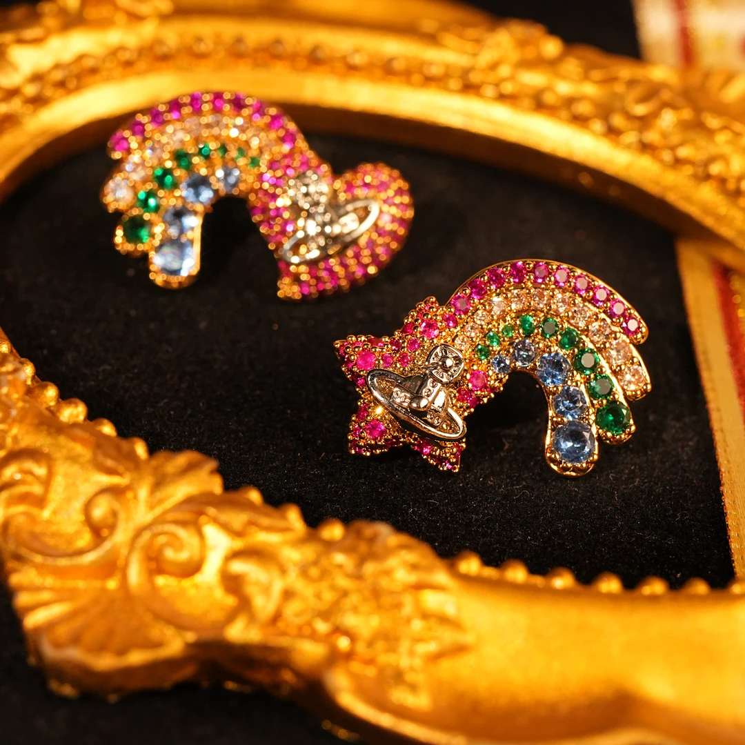 铜合金耳饰 【10175】耳钉 彩虹星球满钻时尚轻奢镶钻