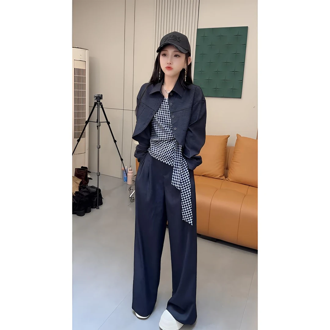 秋季新款韩系时尚百搭复古牛仔外套休闲宽松阔腿裤格子吊带三件套