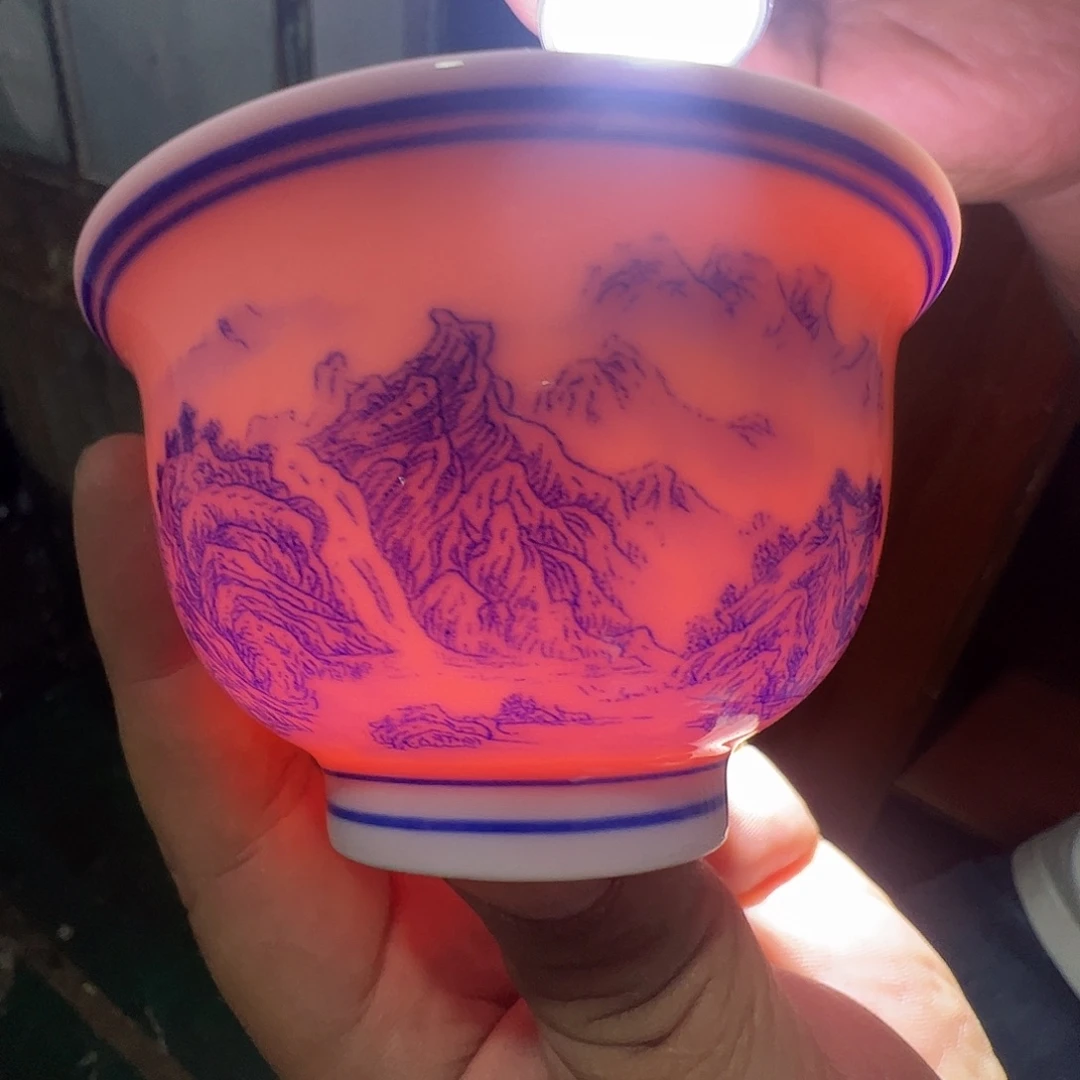 瓷片景德镇陶瓷山水压手杯2只
