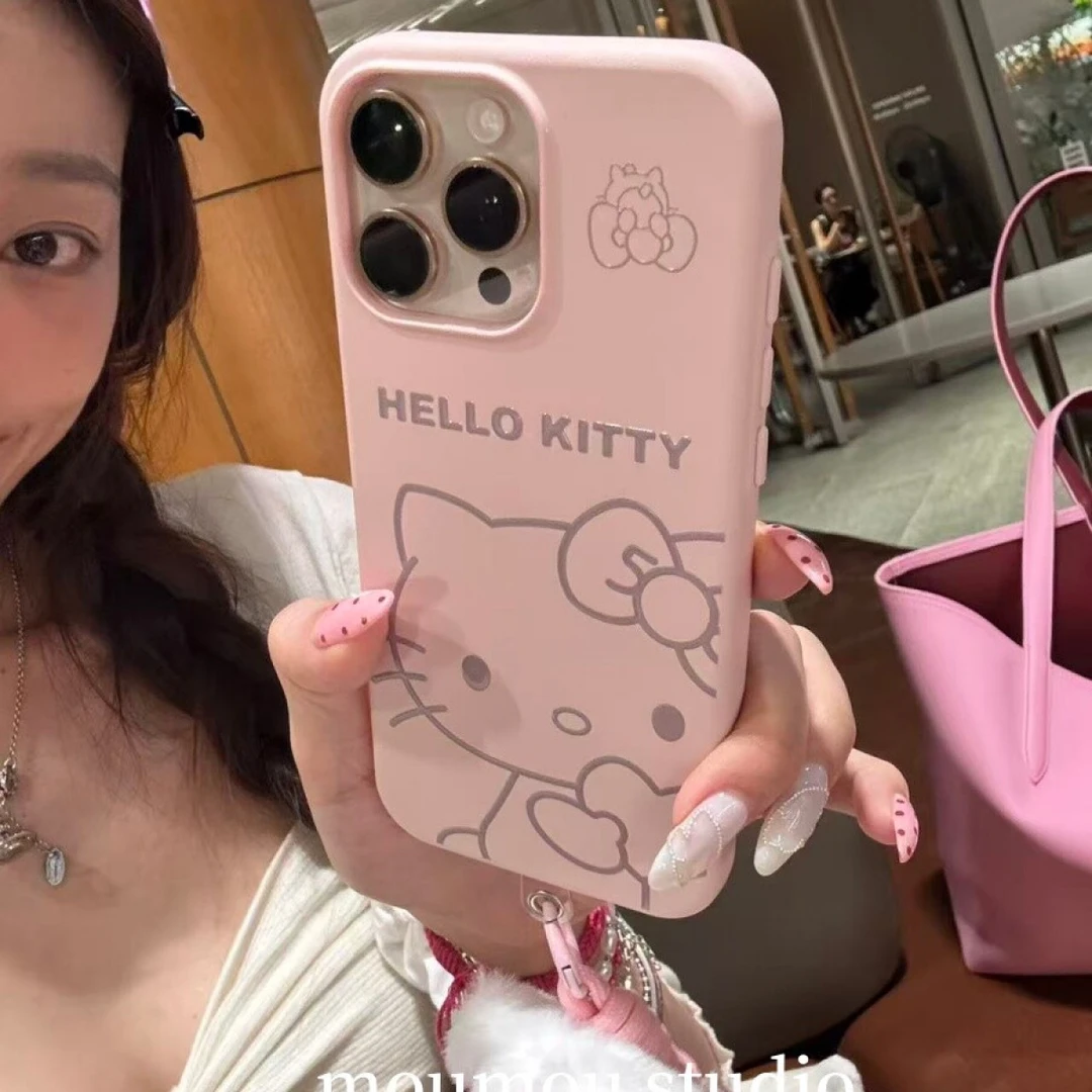 可爱卡通粉底线条猫咪挂绳适用于苹果16promax手机壳15保护套1413