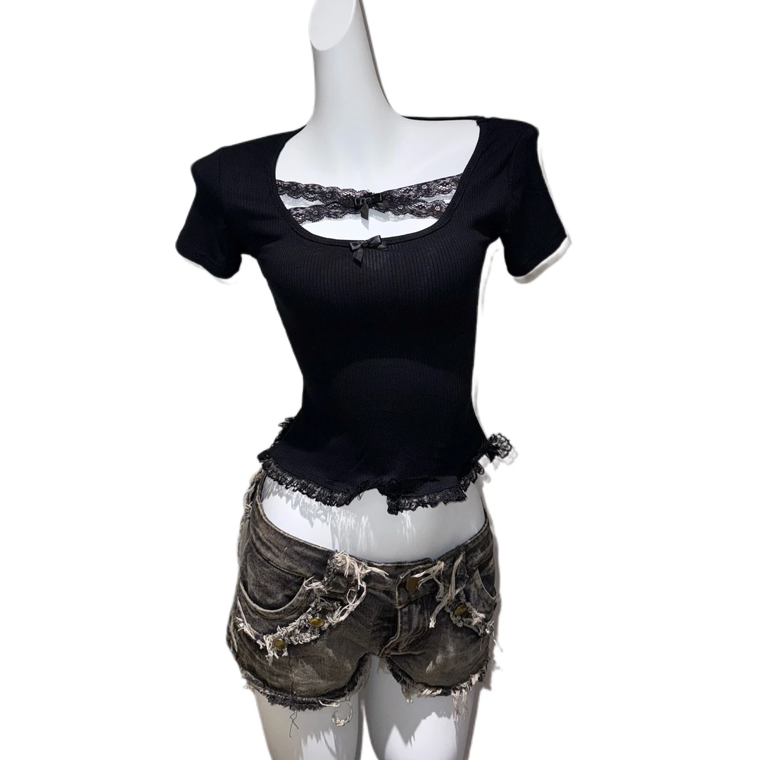 【市市推荐】新款蝴蝶结蕾丝拼接设计感短袖T恤方领上衣A2511