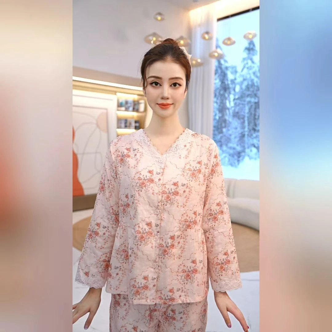 秋鹿梭织双层纱印花V领长袖长裤女套秋季睡衣