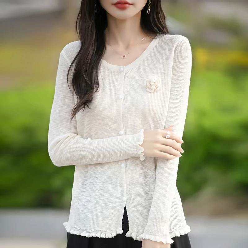 2025夏季长袖防晒针织开衫女轻薄纯色空调衫披肩外搭小个子短外套