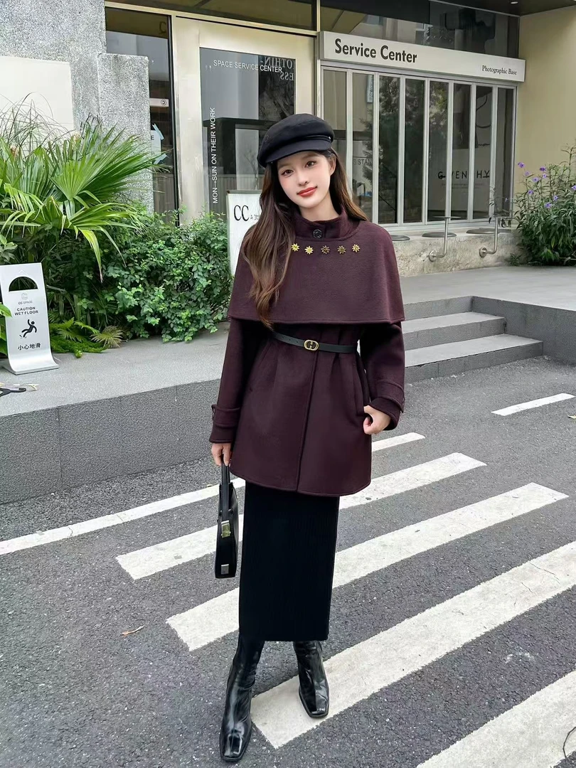 带披肩毛呢外套时尚气质韩版中长款大衣