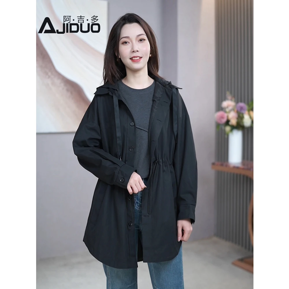 早春新款黑色宽松显瘦风衣外套女时尚休闲百搭女士大码连帽外套