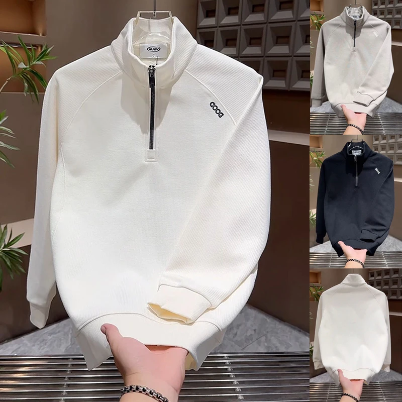秋冬新款潮流刺绣纯色百搭休闲卫衣男宽松立领痞帅长袖半拉链上衣