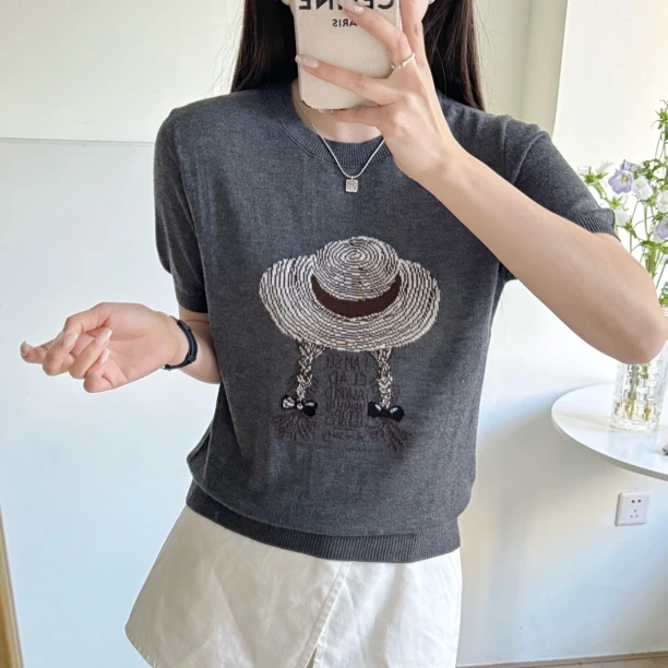 【桑蚕丝羊毛】草帽经典夏季新款时尚短袖针织衫上衣女圆领休闲T恤