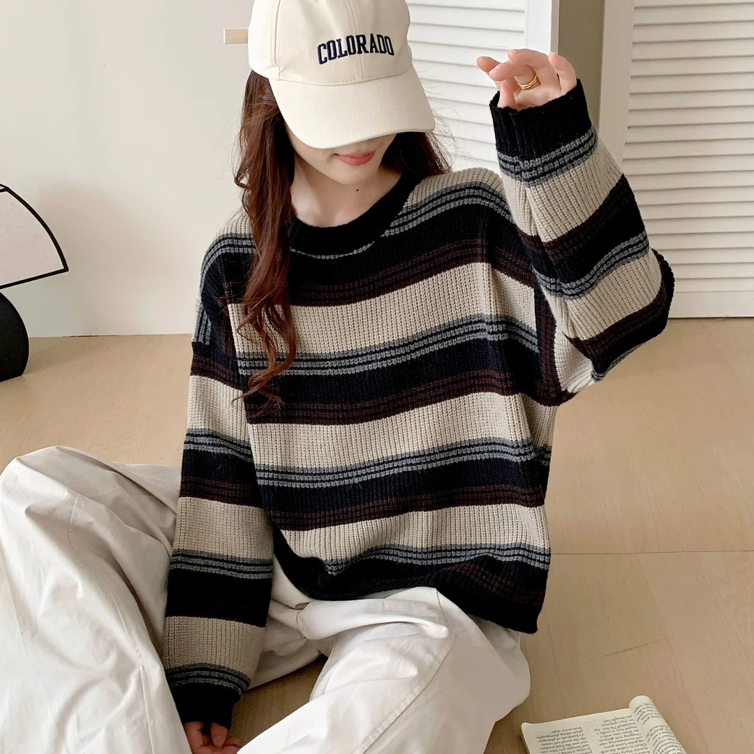 复古条纹针织毛衣套装女2025春季新款慵懒风百搭上衣打底秋冬