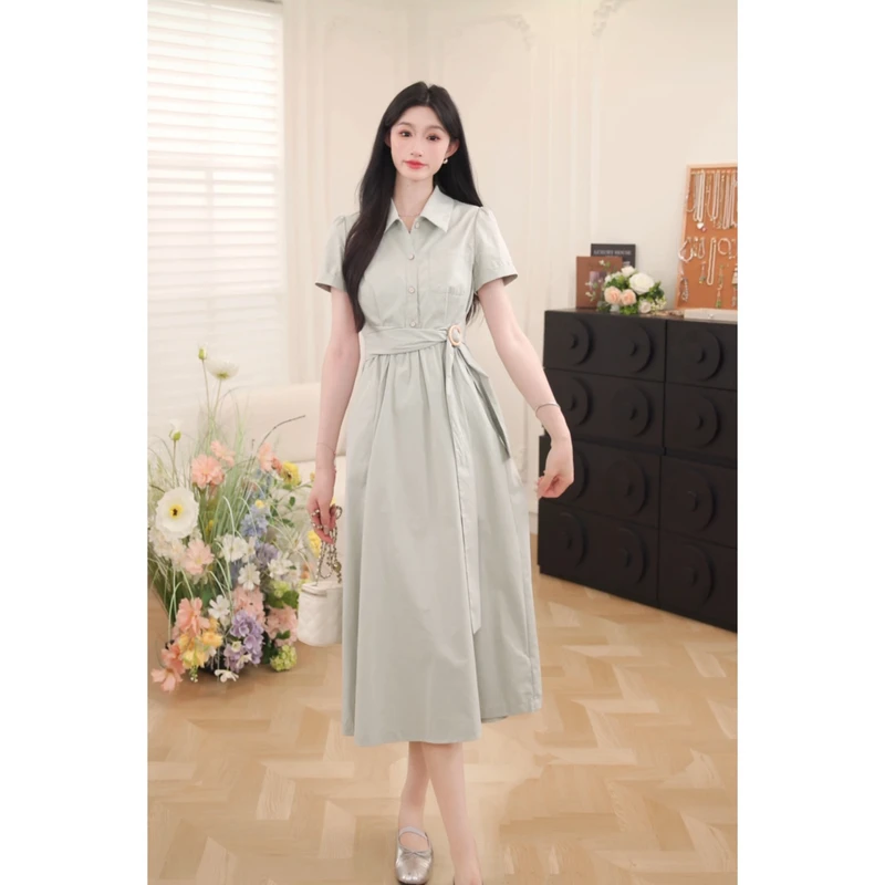 鹿向南【绿豆沙冰】2025年夏季新款豆沙绿连衣裙QJD00439