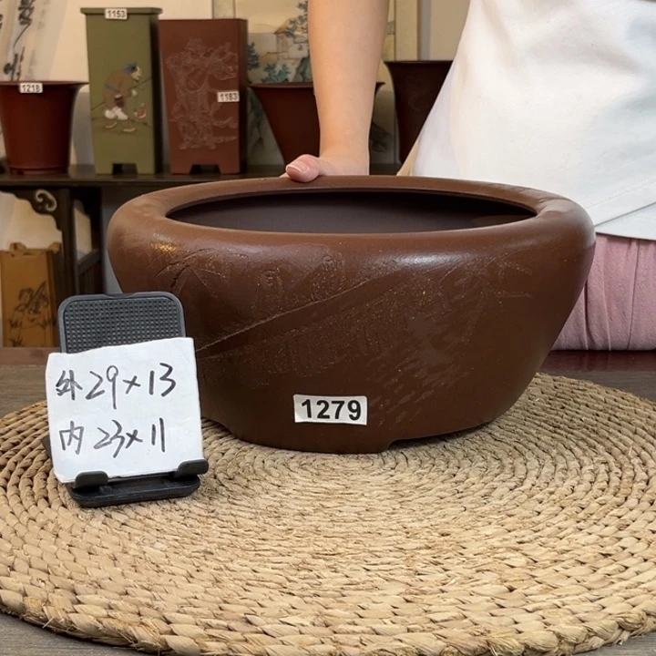 紫砂花盆 放漏紫泥刻绘芭蕉大窝口1279