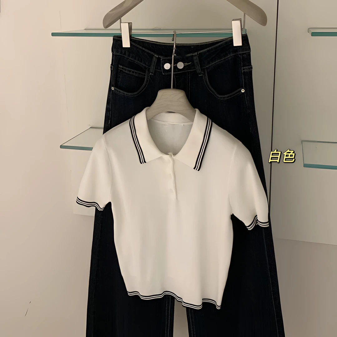 【谬系少女】夏季法式冰丝polo领短袖撞色设计百搭修身上衣