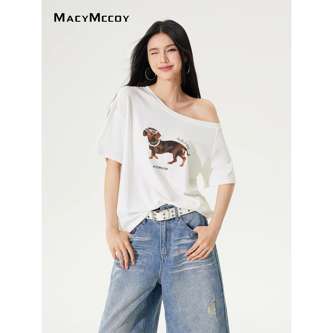 【陈丽君同款】MacyMccoy腊肠小狗T恤女亲肤透气设计感斜肩上衣