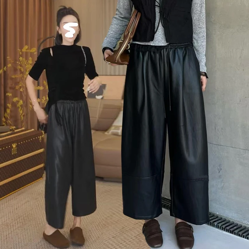 黑色时尚大码女装宽松阔腿裤子2025秋冬百搭高腰抽绳九分裤直筒裤