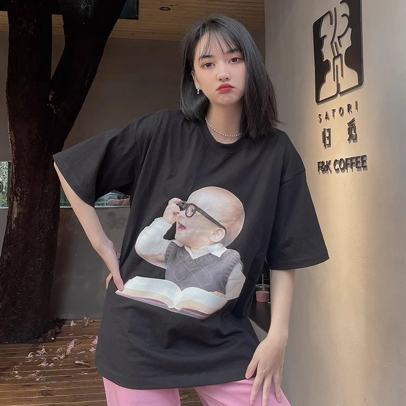 【清仓福利】ADLV短袖t恤新款潮流眼镜男孩韩版宽松短袖情侣上衣