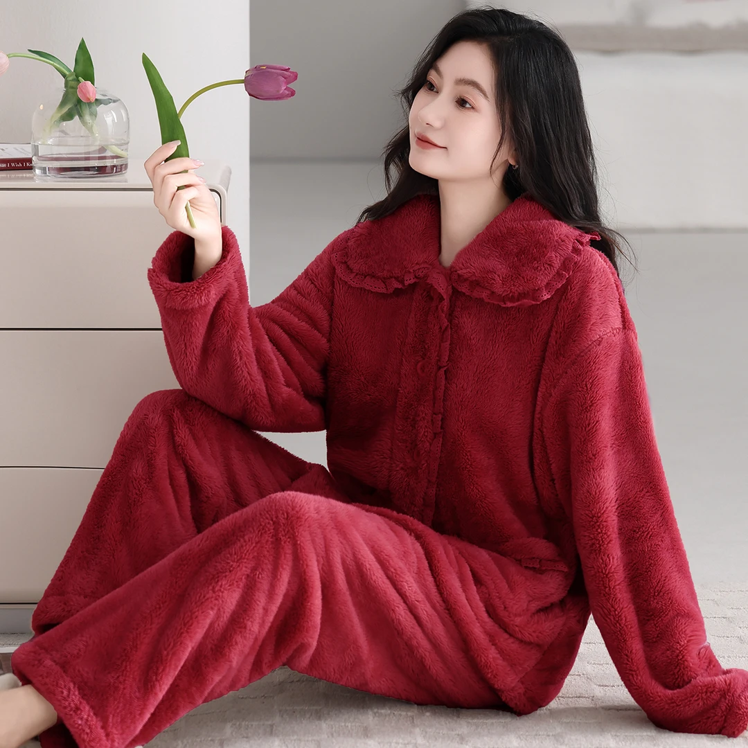 【蕾丝花边】妈妈款秋冬可外穿毛绒雪花绒家居服女士保暖法兰绒睡衣