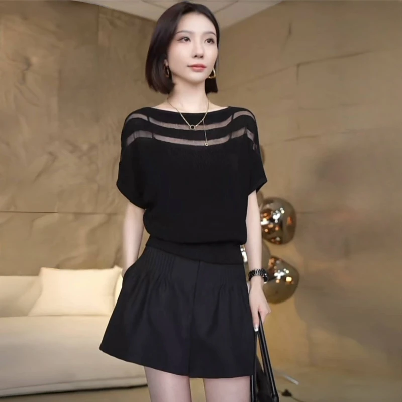 细闪一字领冰丝针织t恤女夏镂空显瘦薄款短袖蝙蝠袖气质减龄上衣