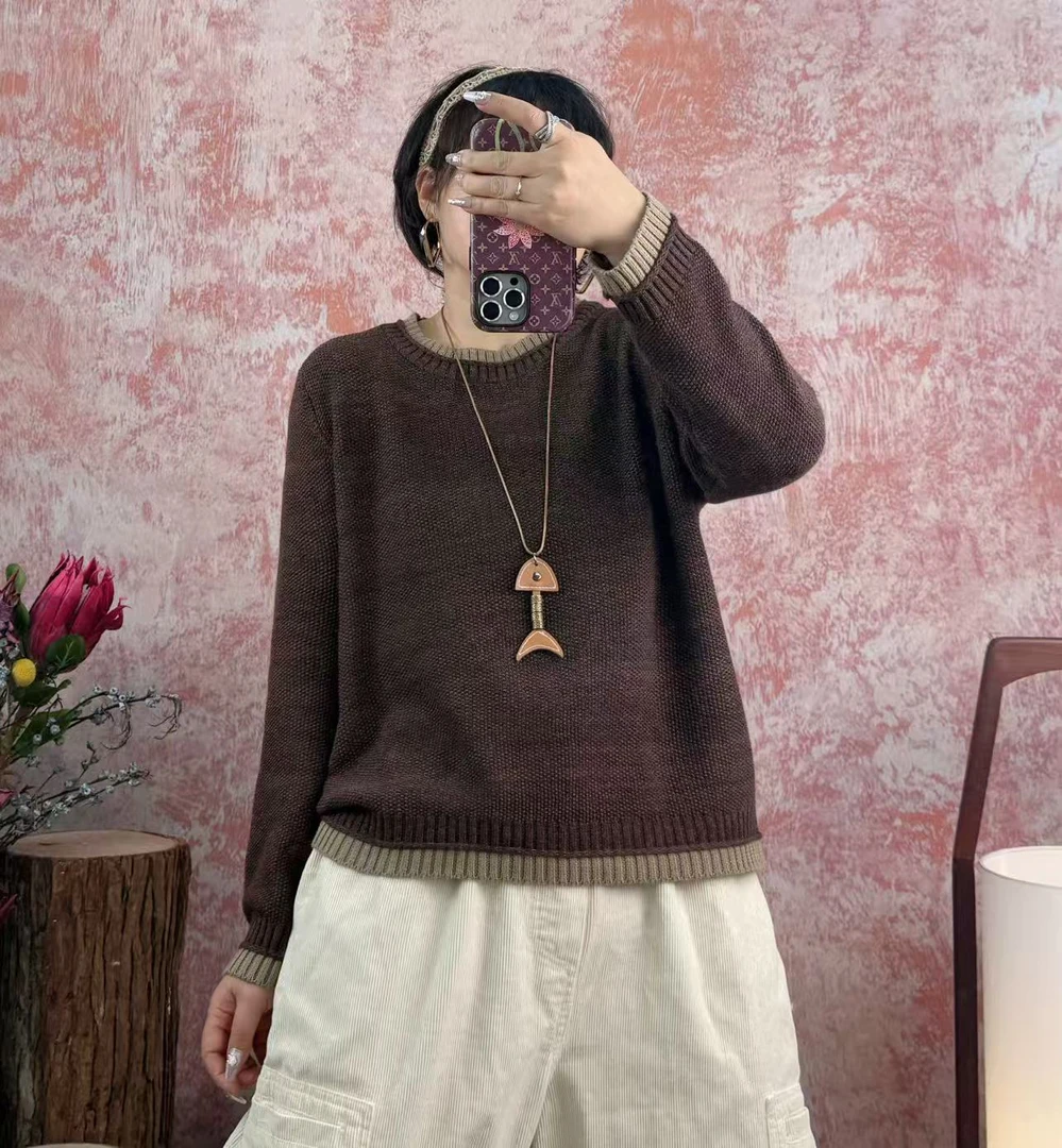 2025秋冬慵懒风极简圆领撞色休闲百搭时尚款棉线针织套头毛衣上衣