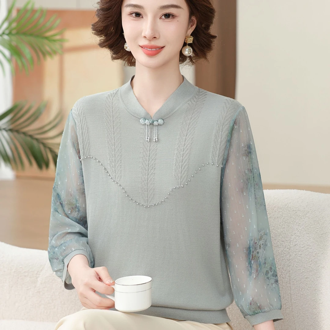 妈妈春装2025新款国风纱袖T恤上衣中老年女春夏针织打底小衫女装