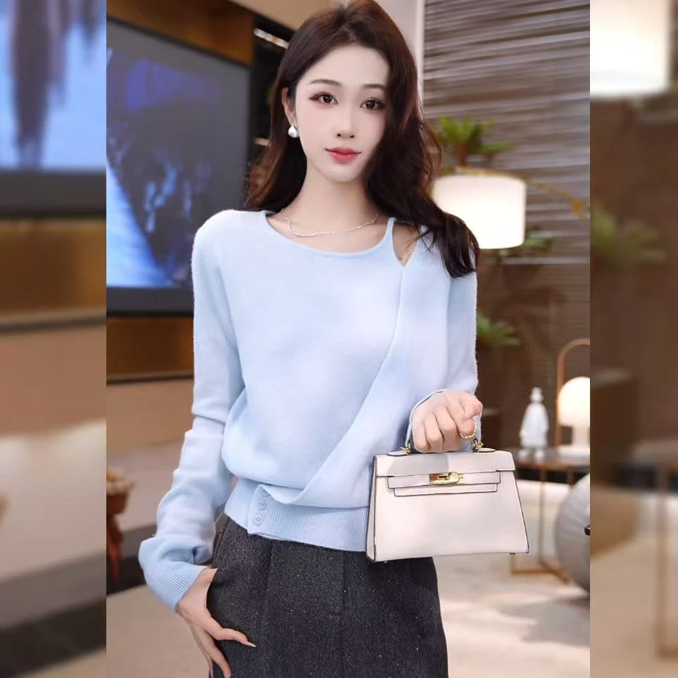 【林雪雪】冬日蓝调秋冬上新时尚百搭设计款假两件蓝针织衫2513389