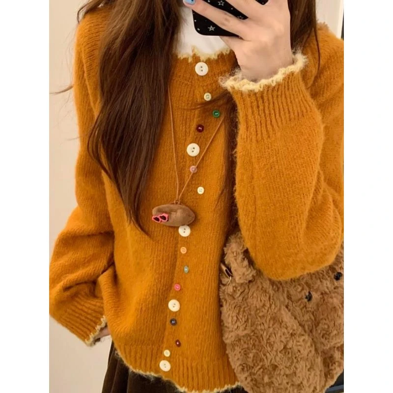 韩版彩扣撞色软糯百搭针织开衫女2025秋冬新款宽松显瘦圆领毛衣潮