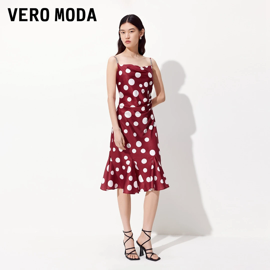 VeroModa连衣裙【人鱼褶】25商场波点显瘦吊带裙老钱风32527A040