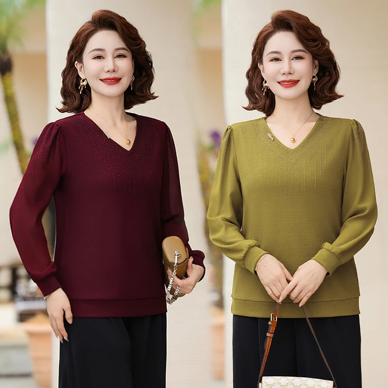 春季新款宽松纯色中老年女装妈妈秋装V领T恤高温烫钻钉珠百搭小衫