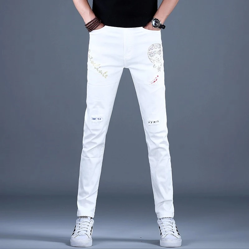 Cebrodz新款白色牛仔裤男款夏薄款破洞潮裤小脚修身印花弹力裤