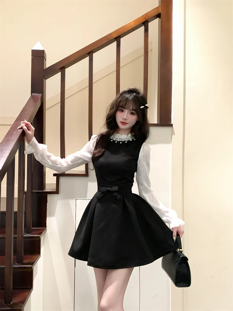 越韩小鱼 奥黛丽小姐 法式黑色赫本风连衣裙钉珠高级感千金小黑裙