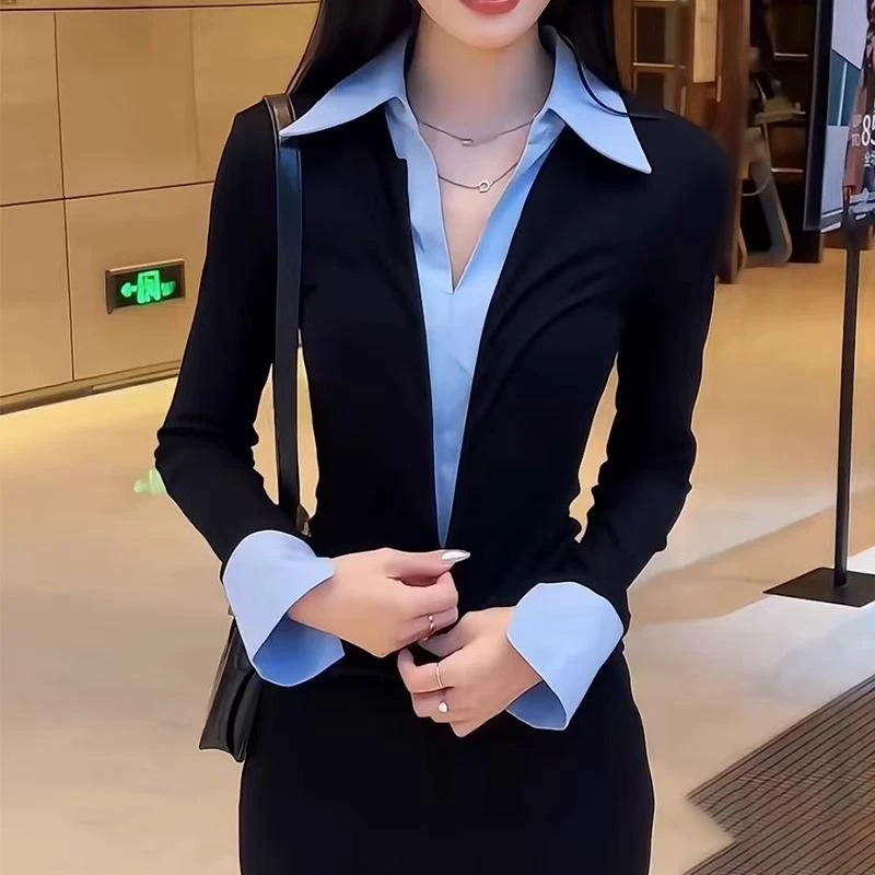 法式高级感假两件长袖T恤女春秋内搭打底上衣气质polo领修身小衫