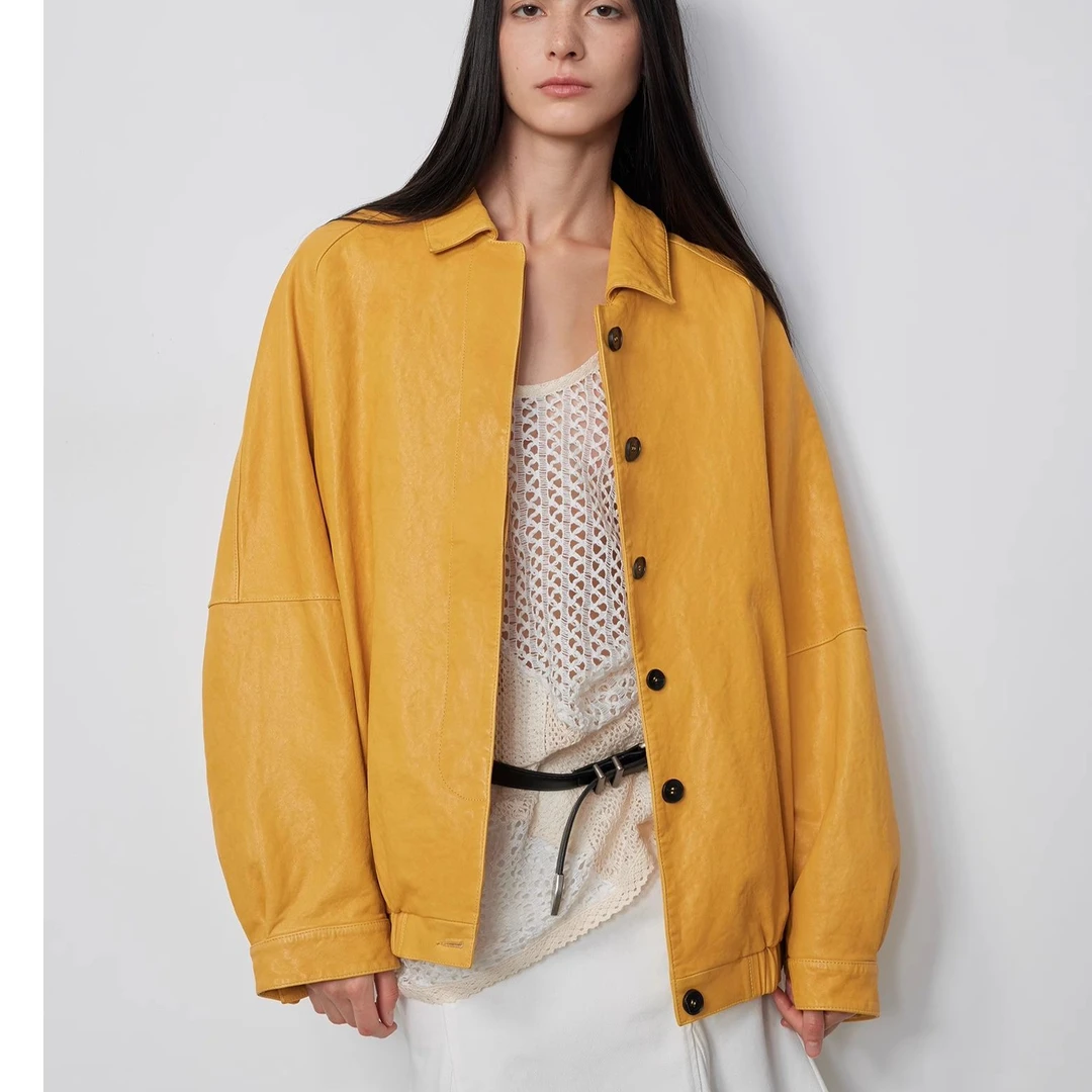 付智恩 悉尼轮回 奢牌同版重工水洗蜡感绵羊皮夹克真皮皮衣外套春