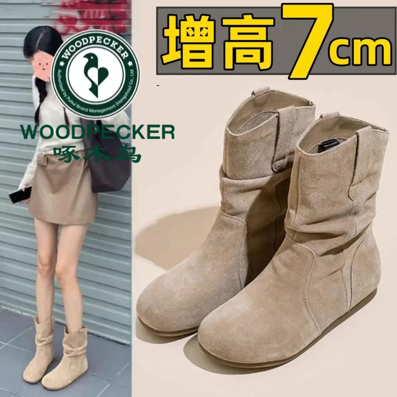 啄木鸟小个子内增高7cm秋季靴子女网红复古慵懒风堆堆靴潮底短靴5