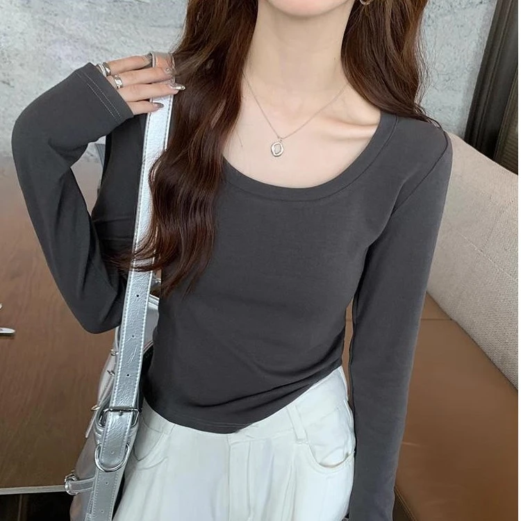 棉质早秋短款U领显瘦修身长袖T恤女百搭显瘦设计感休闲纯色上衣