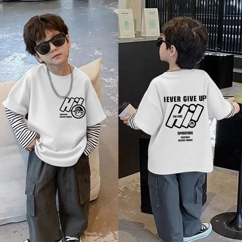 男童T恤长袖2025春秋新款中小童卡通假两件帅气外穿上衣打底潮流T