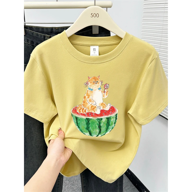 姜黄色圆领正肩短袖T恤胖MM大码女装夏季西瓜猫咪印花半袖上衣潮