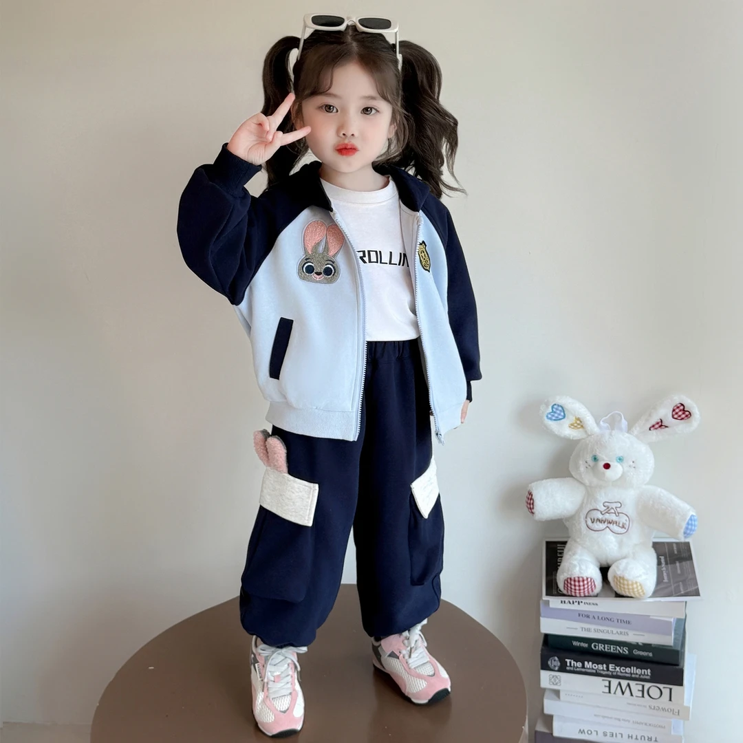 女童套装秋装2025新款儿童兔子警官连帽外套洋气女宝工装裤两件套