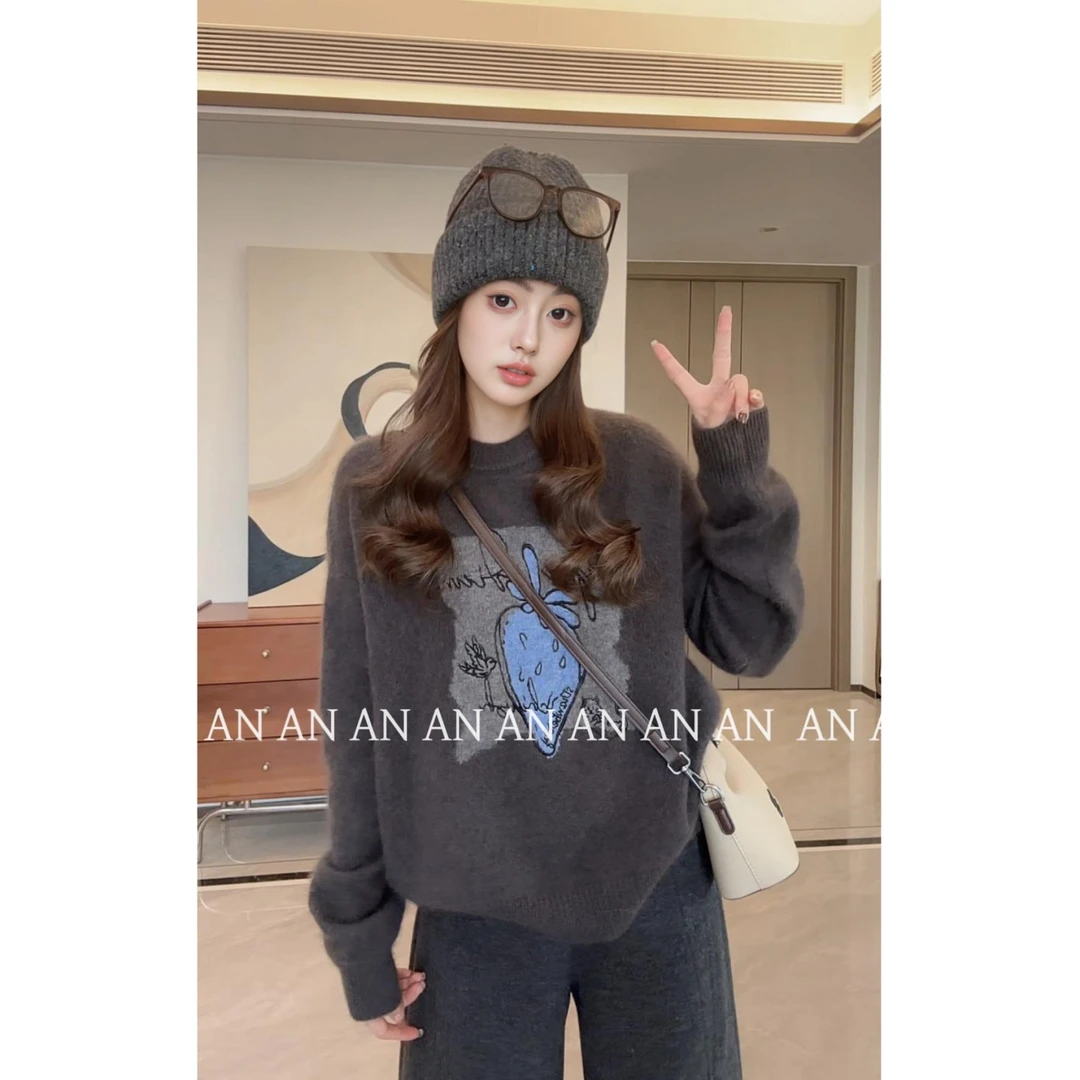 秋冬新款休闲时尚复古长袖慵懒风樱桃刺绣毛针织衫女宽松圆领毛衣