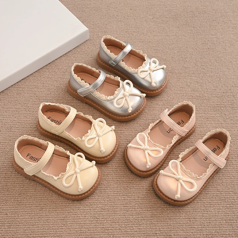 女童公主鞋软底小皮鞋蝴蝶结单鞋2025春秋季新款儿童蕾丝边宝宝鞋