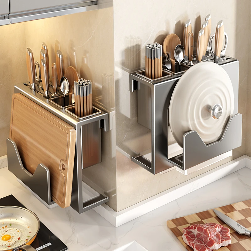 优勤不锈钢沥水刀架置物架壁挂式多功能菜板刀具筷子筒一体收纳架