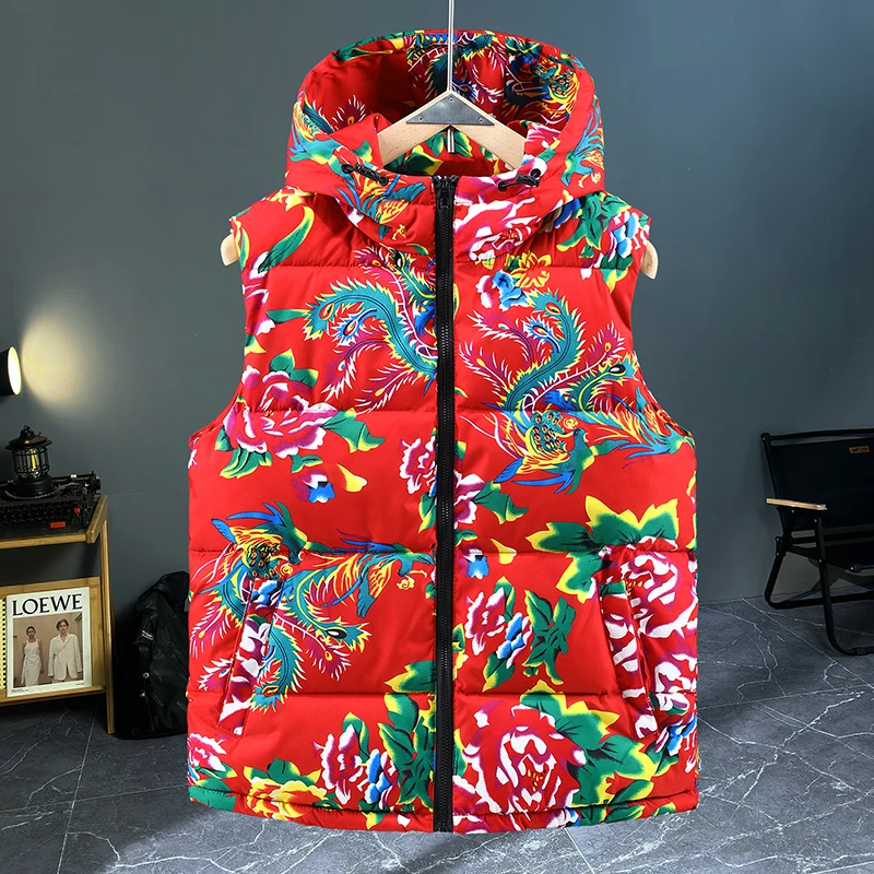 东北大花马甲连帽冬季加厚保暖大码外套宽松网红坎肩背心潮流外穿