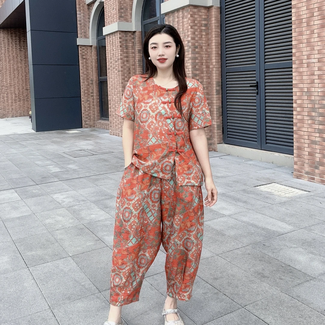 新中式妈妈套装女2025夏季新款盘扣宽松遮肚上衣中老年洋气两件套