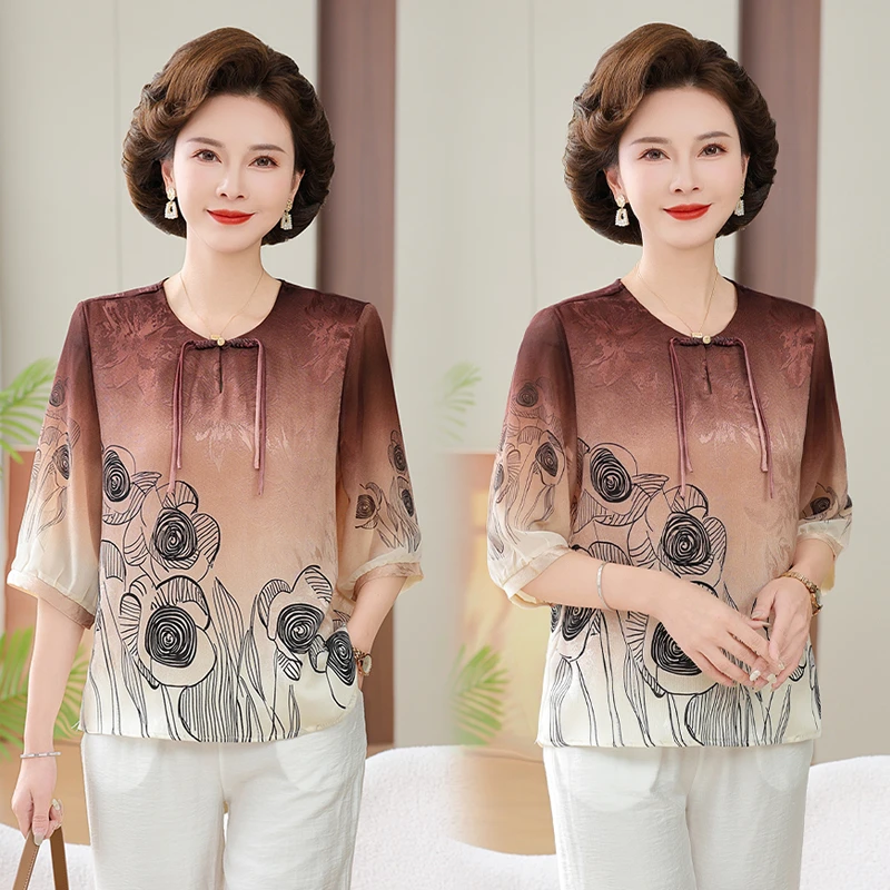妈妈夏装衬衫七分袖洋气新中式减龄小衫中老年女雪纺宽松薄款上衣
