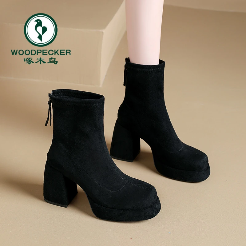 啄木鸟瘦瘦靴及踝小裸靴粗高跟鞋短靴女防水台小个子秋冬加绒单靴