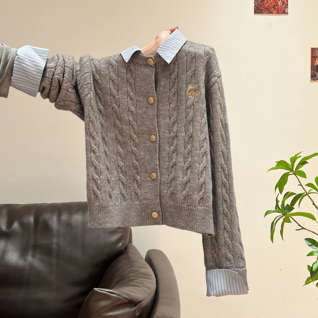 小婉薇假两件POLO领针织开衫女2026秋冬翻领麻花修身内搭显瘦上衣