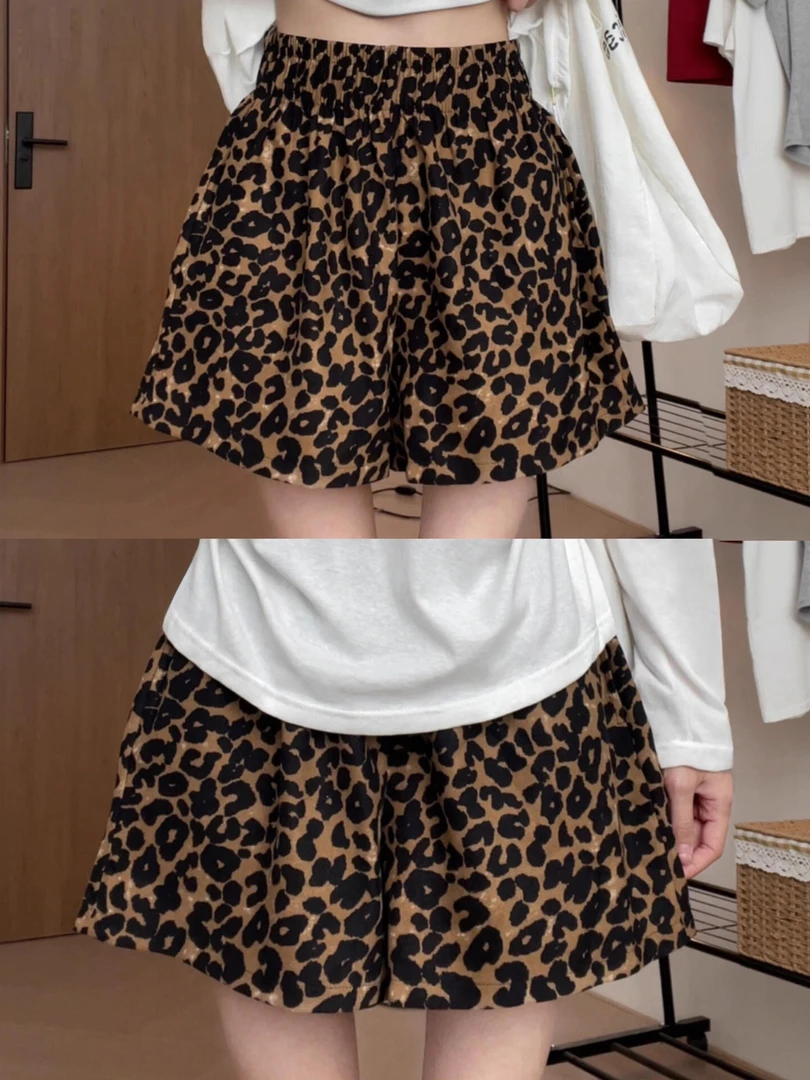 豹纹休闲短裤女夏薄款胖妹妹mm梨型身材高腰宽松显瘦阔腿五分中裤