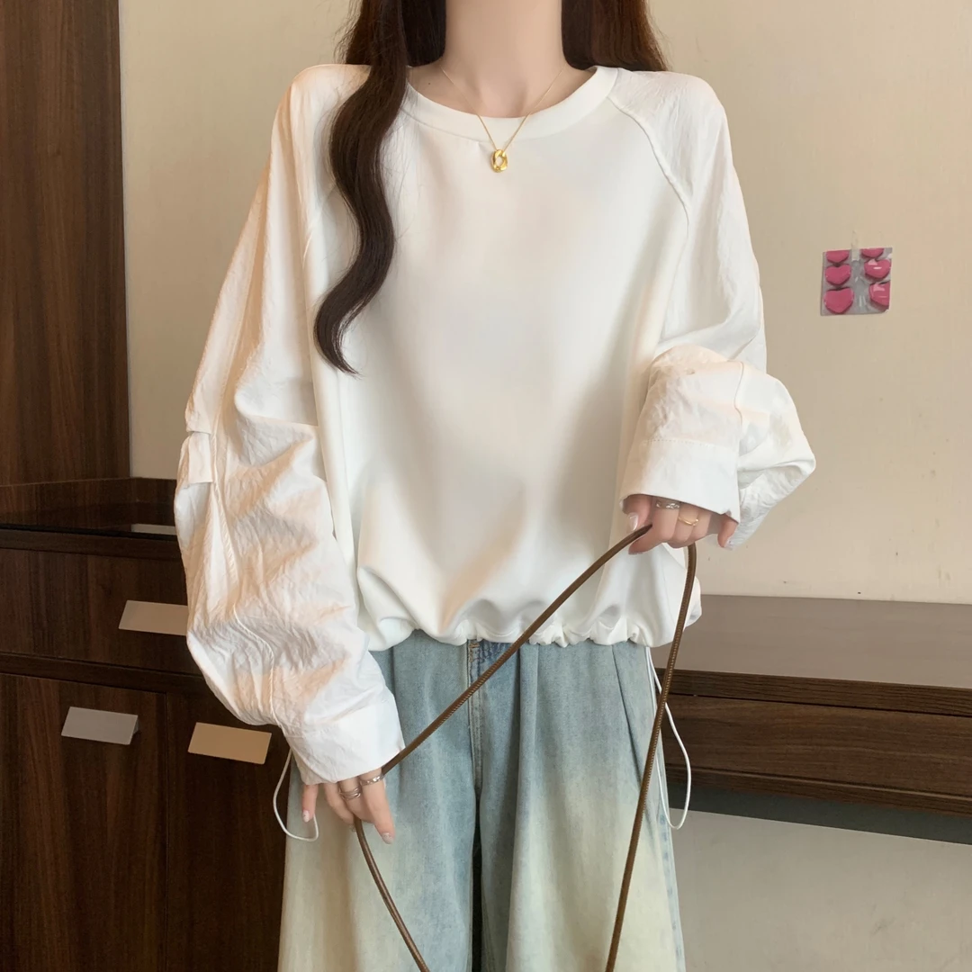 插肩袖正肩白色卫衣大码女装2025春季新款胖mm宽松打底衫抽绳上衣