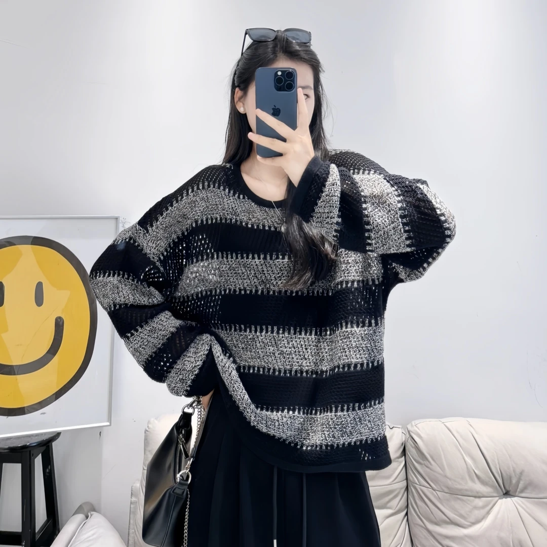 慵懒高级感条纹长袖毛衣女2025秋季大码胖MM新款时尚宽松气质上衣