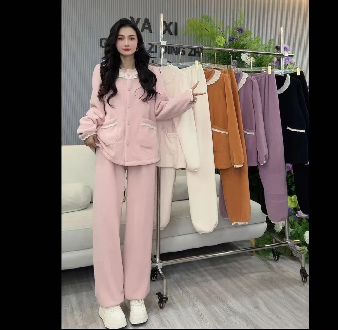 雅希定制~【软糯衬肤】蕾丝拼接圆领睡衣宽松舒适保暖家居服